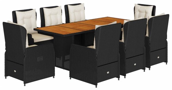 9 részes fekete polyrattan kerti étkezőgarnitúra párnákkal