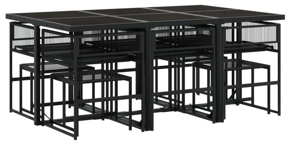 11 részes fekete polyrattan kerti étkezőgarnitúra párnákkal