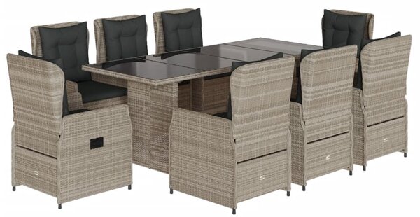 9részes világosszürke polyrattan kerti étkezőgarnitúra párnával