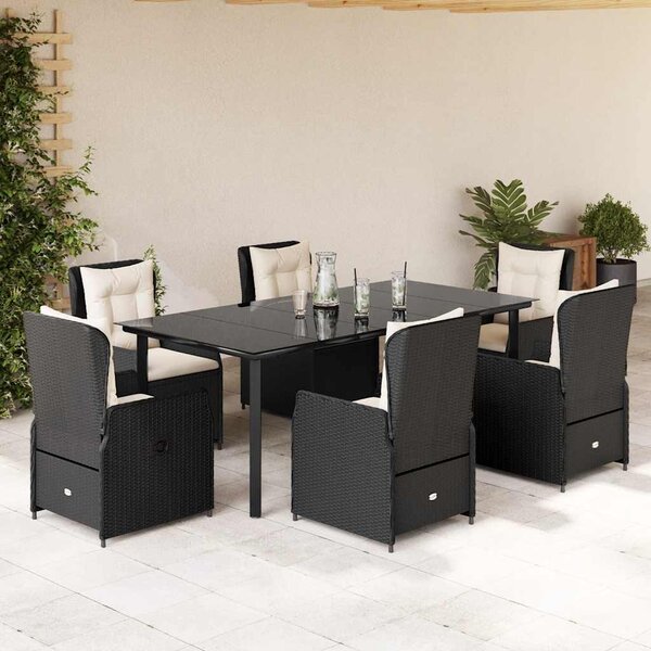 7 részes fekete polyrattan kerti étkezőgarnitúra párnával