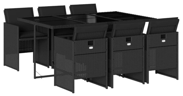 7 részes fekete polyrattan kerti étkezőgarnitúra párnával