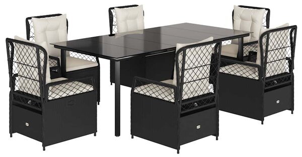 7 részes fekete polyrattan kerti étkezőgarnitúra párnával