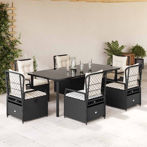 7 részes fekete polyrattan kerti étkezőgarnitúra párnával