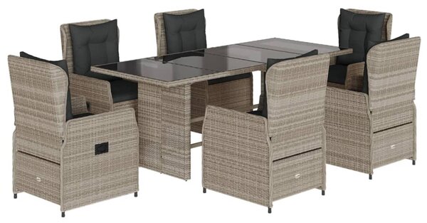 7 részes világosszürke polyrattan kerti étkezőszett párnával