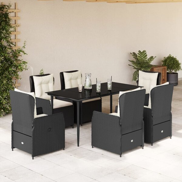 7 részes fekete polyrattan kerti étkezőgarnitúra párnával