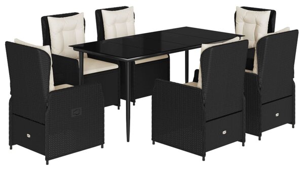 7 részes fekete polyrattan kerti étkezőgarnitúra párnával