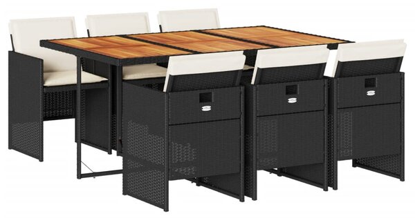 7 részes fekete polyrattan kerti étkezőgarnitúra párnával