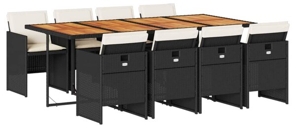 9 részes fekete polyrattan kerti étkezőgarnitúra párnákkal