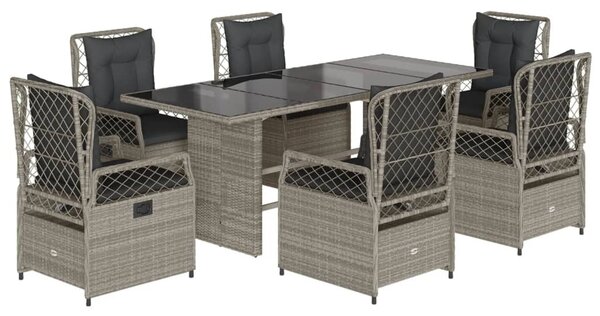 7 részes világosszürke polyrattan kerti étkezőszett párnával
