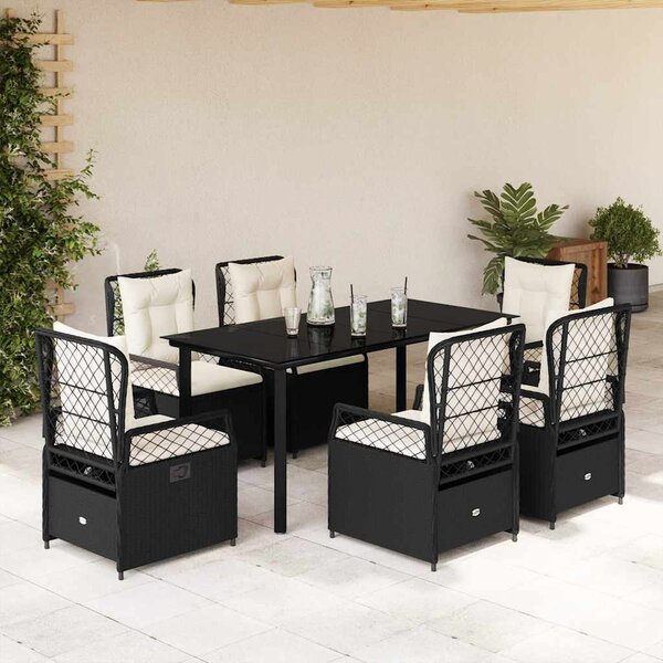 7 részes fekete polyrattan kerti étkezőgarnitúra párnával