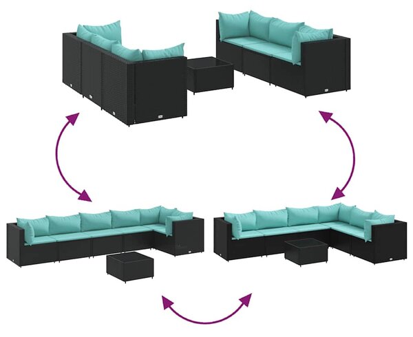 7 részes fekete polyrattan kerti ülőgarnitúra párnákkal