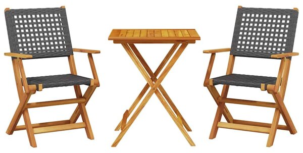3 részes fekete polyrattan és tömör fa bisztrószett