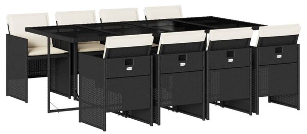 9 részes fekete polyrattan kerti étkezőgarnitúra párnákkal