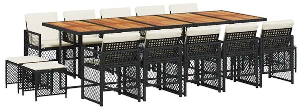15 részes fekete polyrattan kerti étkezőgarnitúra párnákkal