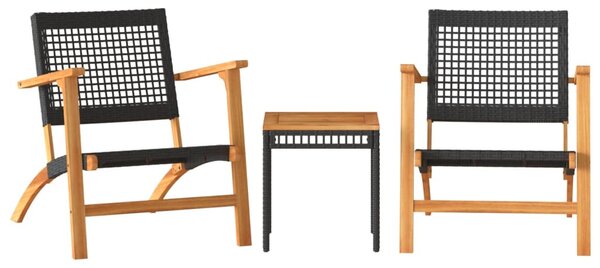 3 részes fekete polyrattan és akácfa bisztrószett