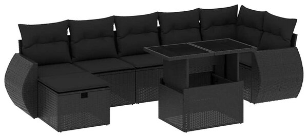 8 részes fekete polyrattan kerti ülőgarnitúra párnákkal