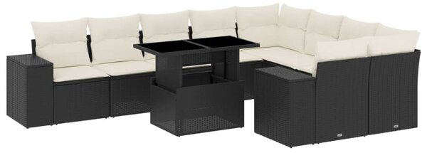 10 részes fekete polyrattan kerti ülőgarnitúra párnákkal