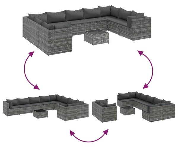 10 részes szürke polyrattan kerti ülőgarnitúra párnákkal
