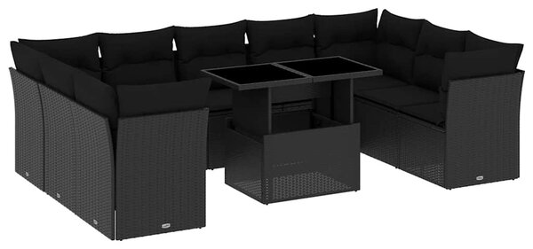 10 részes fekete polyrattan kerti ülőgarnitúra párnákkal