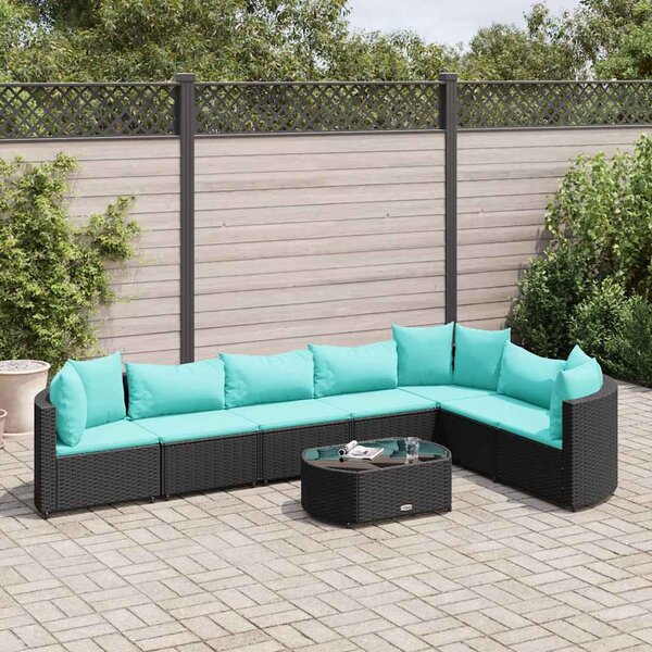 8 részes fekete polyrattan kerti ülőgarnitúra párnákkal