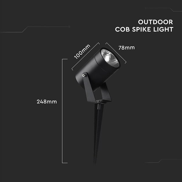 V-TAC 10W COB LED alumínium leszúrható lámpa, fekete házzal, meleg fehér - SKU 24004