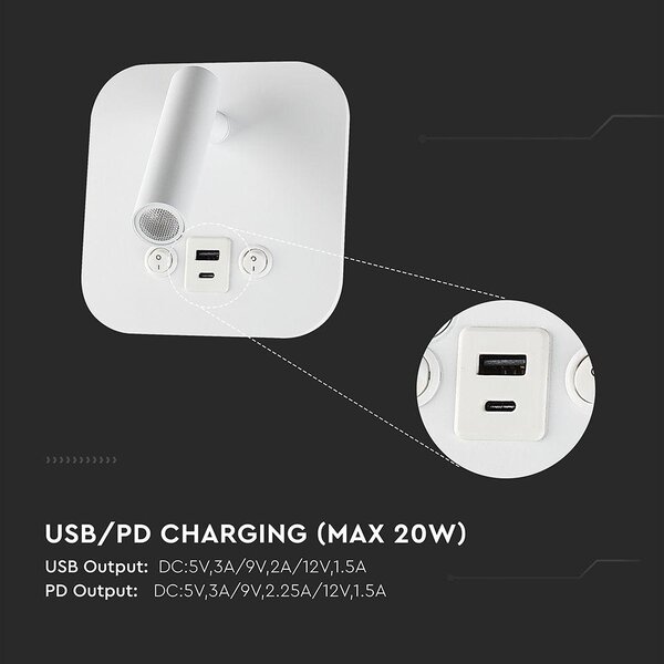 V-TAC CREE SMD fali olvasólámpa 8W LED lámpa USB töltővel, meleg fehér, fehér ház - SKU 240026