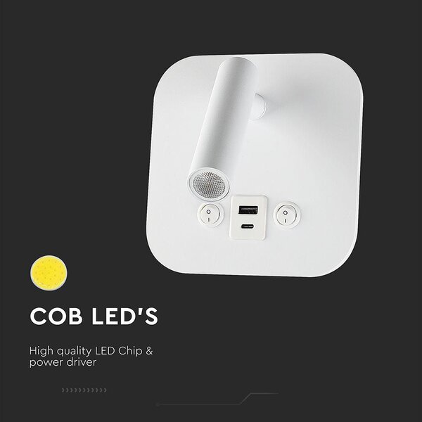 V-TAC CREE SMD fali olvasólámpa 8W LED lámpa USB töltővel, meleg fehér, fehér ház - SKU 240026