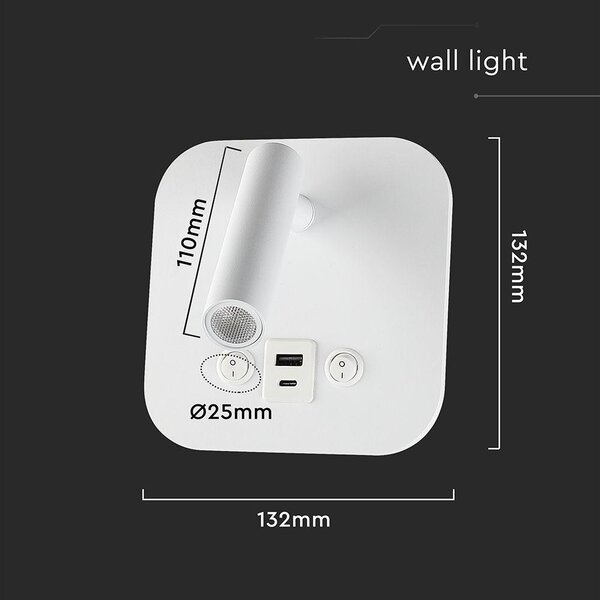 V-TAC CREE SMD fali olvasólámpa 8W LED lámpa USB töltővel, meleg fehér, fehér ház - SKU 240026
