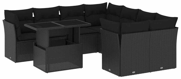 9 részes fekete polyrattan kerti ülőgarnitúra párnákkal