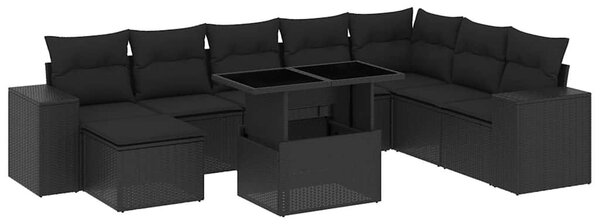 9 részes fekete polyrattan kerti ülőgarnitúra párnákkal