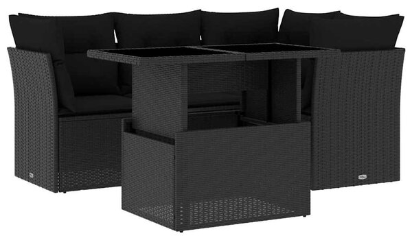 5 részes fekete polyrattan kerti kanapészett párnákkal