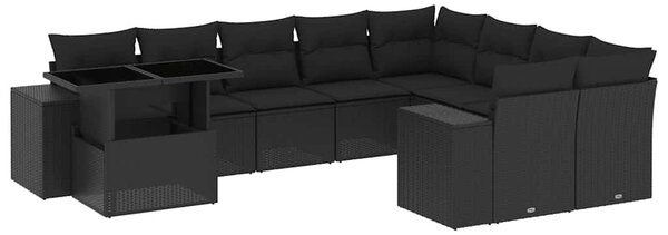 10 részes fekete polyrattan kerti ülőgarnitúra párnákkal
