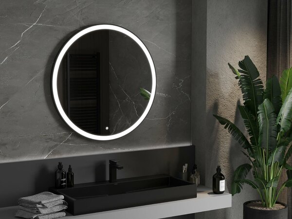 Mexen Esso kivilágított, kör alakú fürdőszobai tükör, 90 cm, LED 6000K, páramentes, fekete keret - 9825-090-090-611-70
