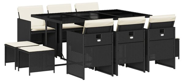 11 részes fekete polyrattan kerti étkezőgarnitúra párnákkal