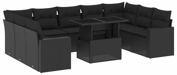 10 részes fekete polyrattan kerti ülőgarnitúra párnákkal
