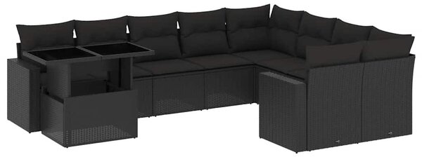 10 részes fekete polyrattan kerti ülőgarnitúra párnákkal