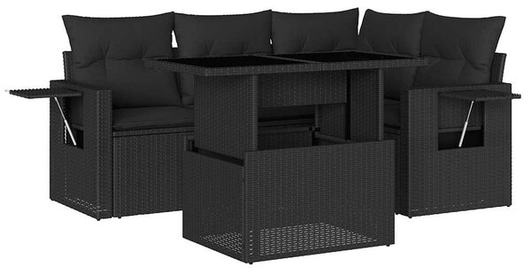 5 részes fekete polyrattan kerti kanapészett párnákkal