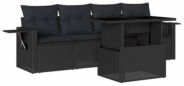 5 részes fekete polyrattan kerti kanapészett párnákkal