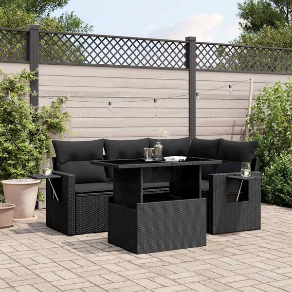5 részes fekete polyrattan kerti kanapészett párnákkal