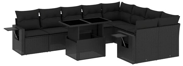 10 részes fekete polyrattan kerti ülőgarnitúra párnákkal
