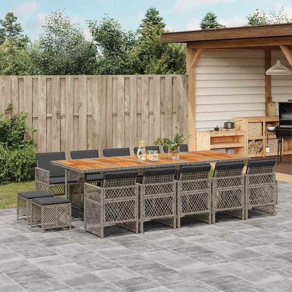 15 részes szürke polyrattan kerti étkezőgarnitúra párnákkal