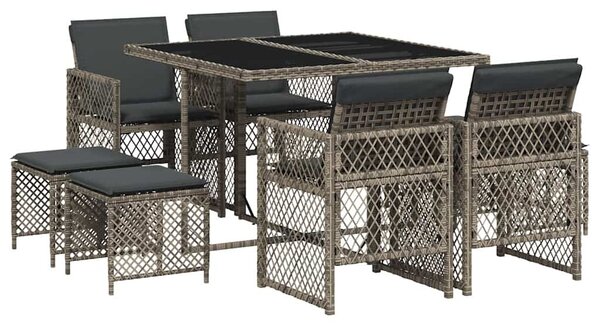 9 részes szürke polyrattan kerti étkezőgarnitúra párnával