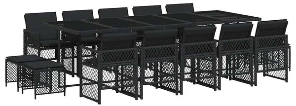 15 részes fekete polyrattan kerti étkezőgarnitúra párnákkal