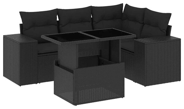 5 részes fekete polyrattan kerti kanapészett párnákkal