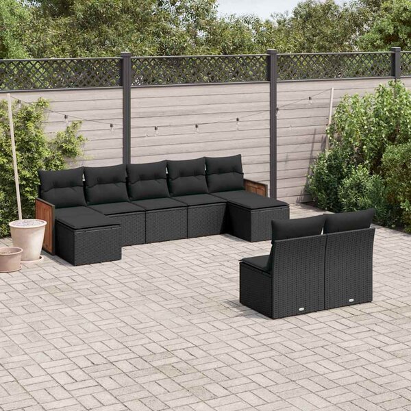 9 részes fekete polyrattan kerti ülőgarnitúra párnákkal