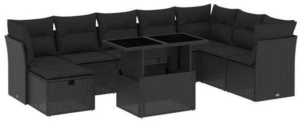 9 részes fekete polyrattan kerti ülőgarnitúra párnákkal