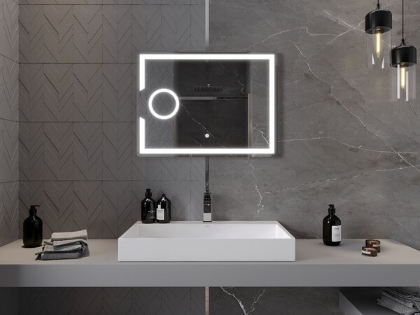 Mexen Onyx világított fürdőszobai tükör kozmetikai tükörrel 80 x 60 cm, LED 6000K, páramentesítő