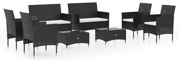 8 részes fekete polyrattan kerti ülőgarnitúra párnákkal