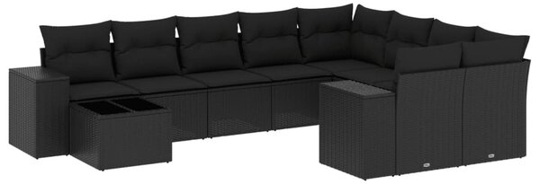 10 részes fekete polyrattan kerti ülőgarnitúra párnákkal