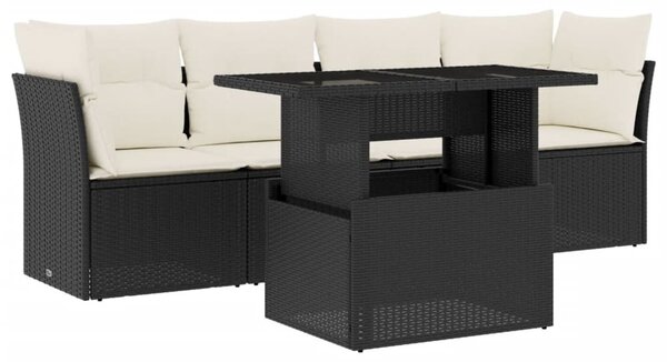 5 részes fekete polyrattan kerti kanapészett párnákkal